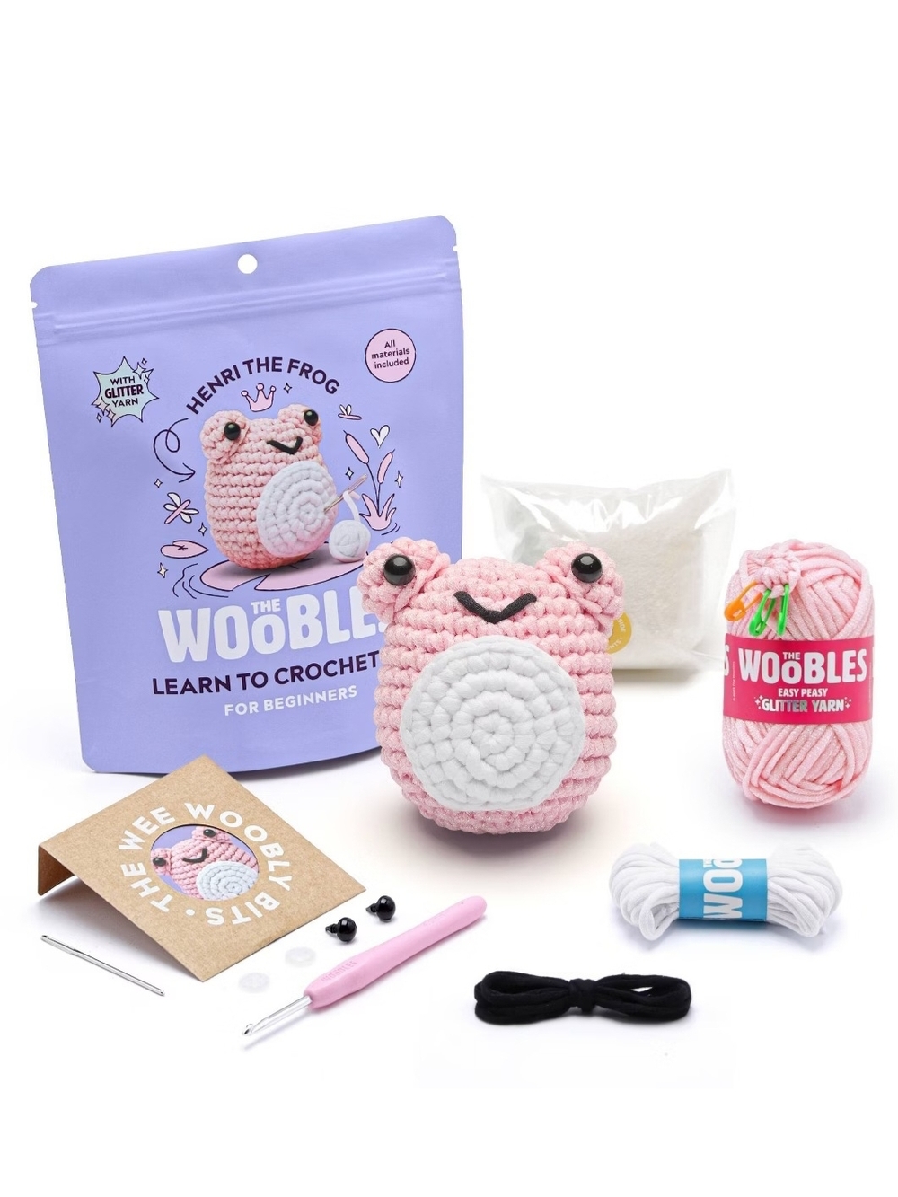 The Woobles Henri the Frog Crochet Kit - Pink/White